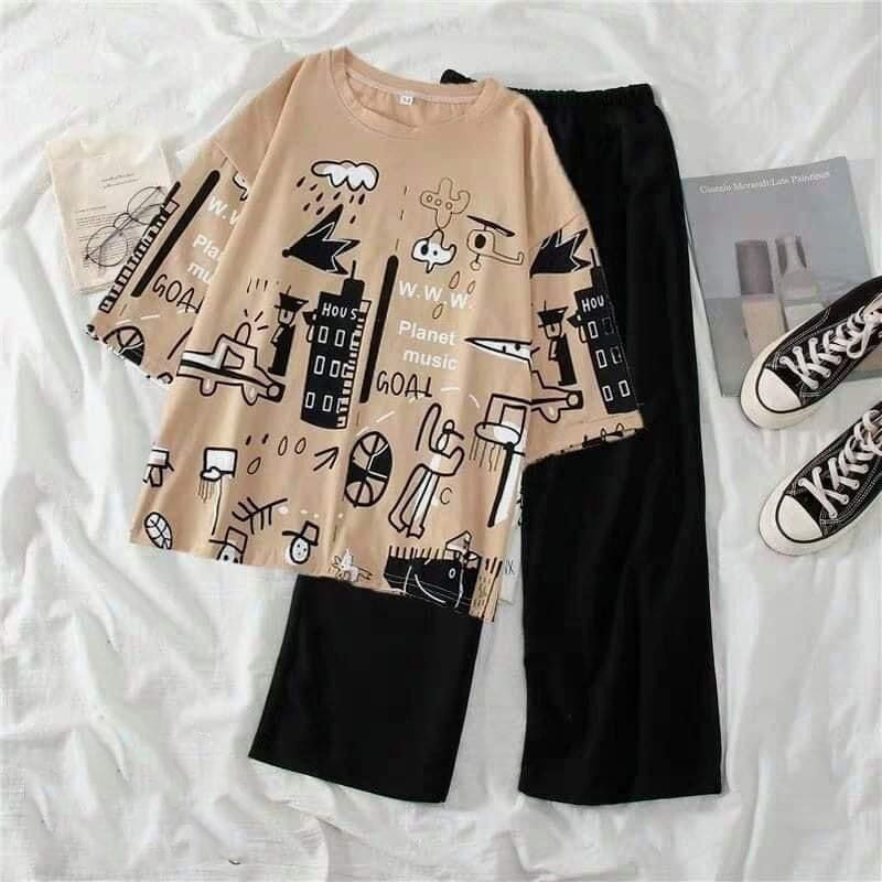 PLANET PRINTED PJ SUIT - FAWN