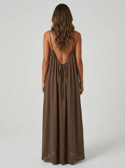 STUNNING BACKLESS MAXI DRESS - DUSTYBROWN