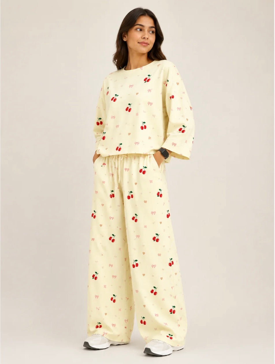 Women's Premium Barbary Fabric Sleepwear Set – Loose Trouser & Short Tee SBSPJ-06