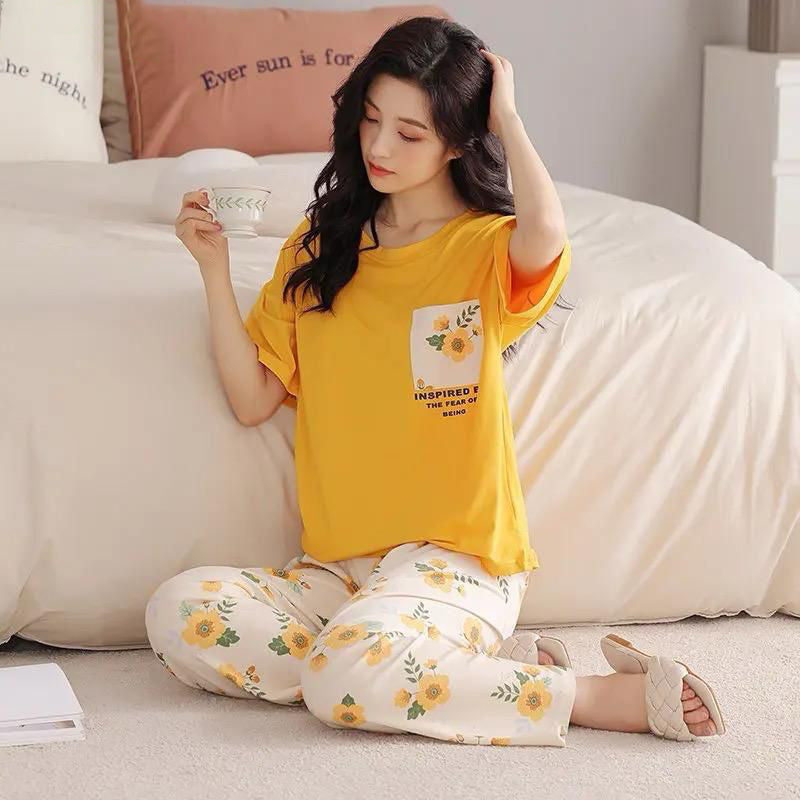 POCKET PRINTED NIGHT SUIT - MUSTARD