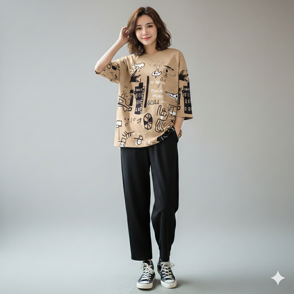 PLANET PRINTED PJ SUIT - FAWN
