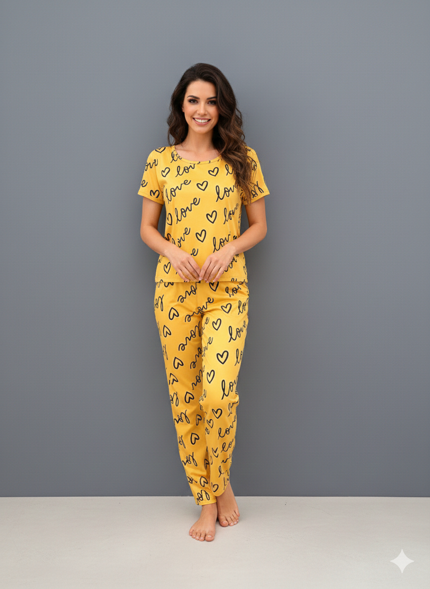 HN-YELLOW LOVE HEART PRINTED NIGHT SUIT