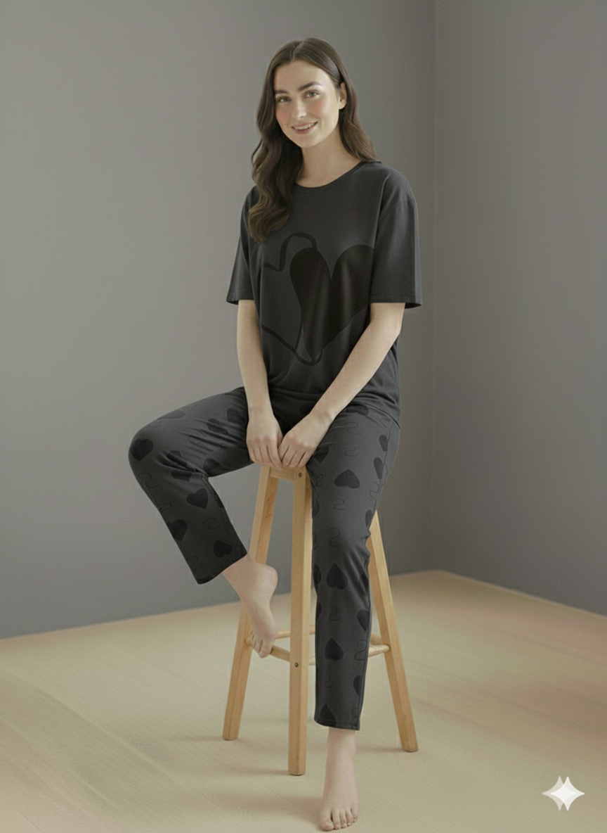 Somnia-DOUBLE HEARTS PRINTED NIGHT SUIT - GREY