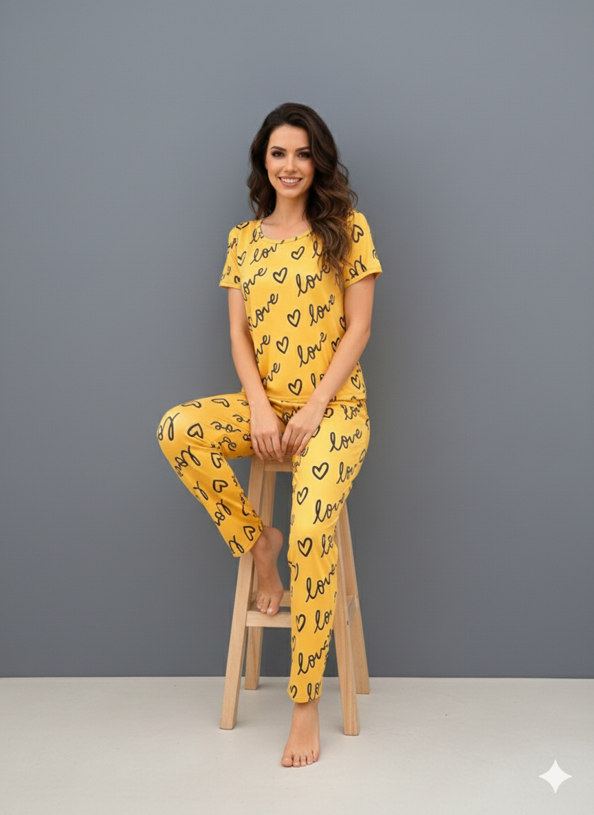 HN-YELLOW LOVE HEART PRINTED NIGHT SUIT