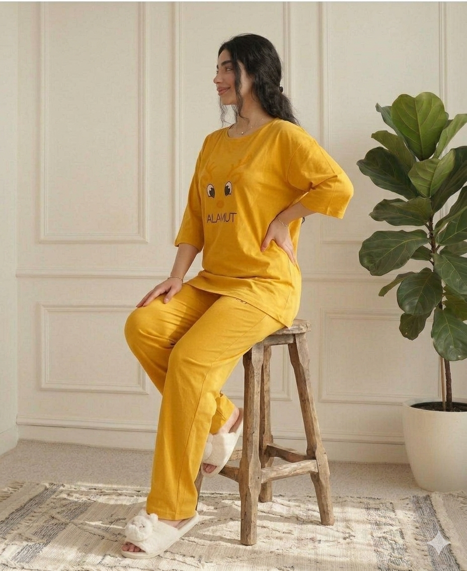 HAPPY FACE PRINTED NIGHT SUIT-YELLOW