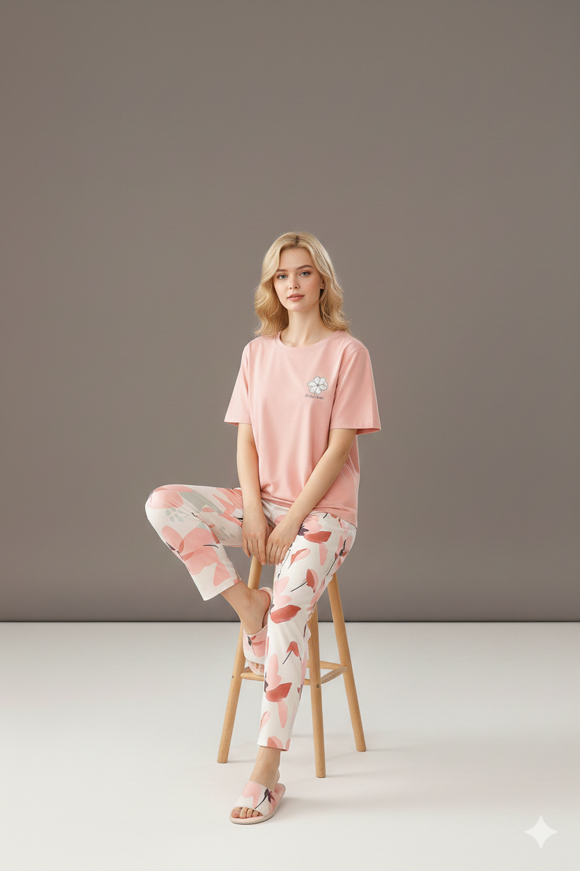 PINK WHITE FLOWER NIGHT SUIT- P12