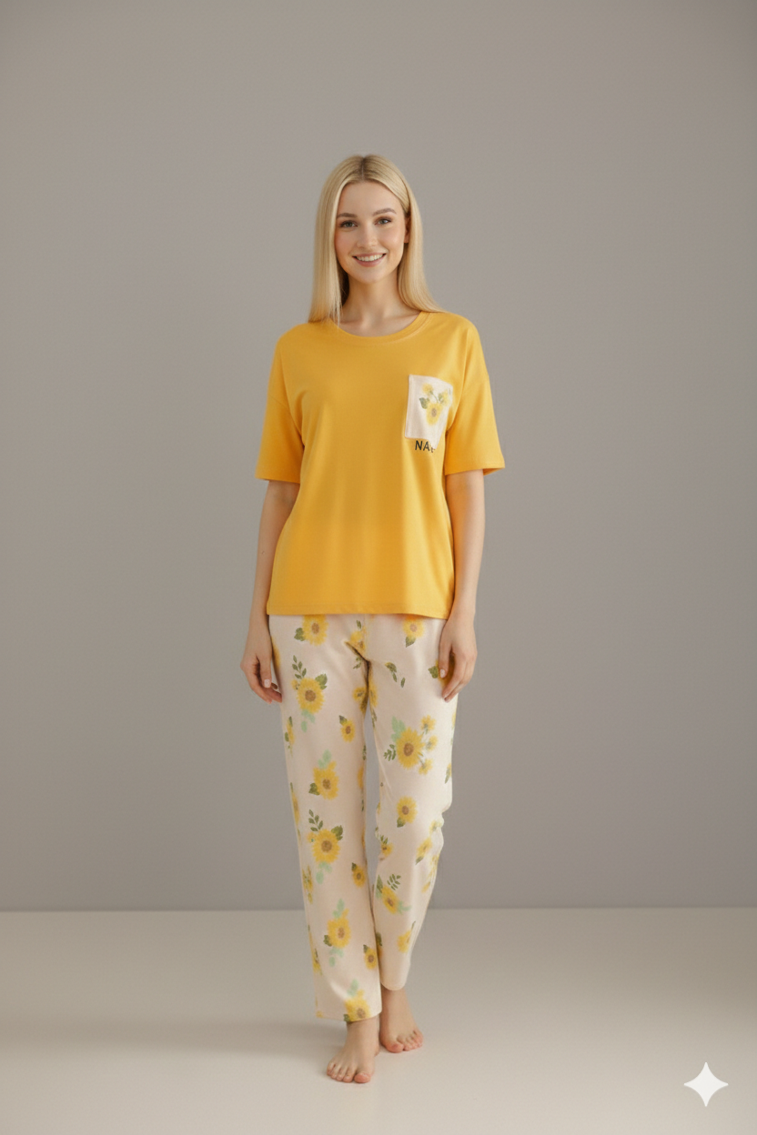 POCKET PRINTED NIGHT SUIT - MUSTARD