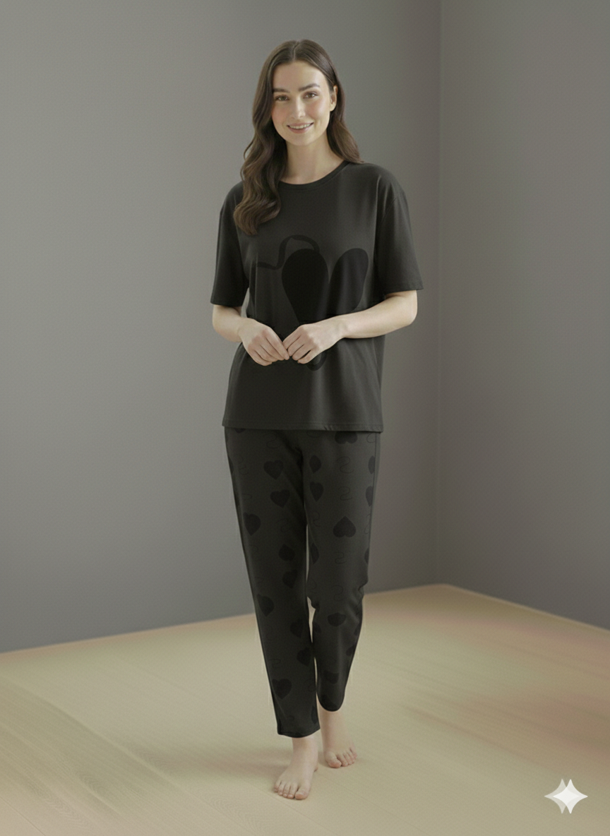 Somnia-DOUBLE HEARTS PRINTED NIGHT SUIT - GREY