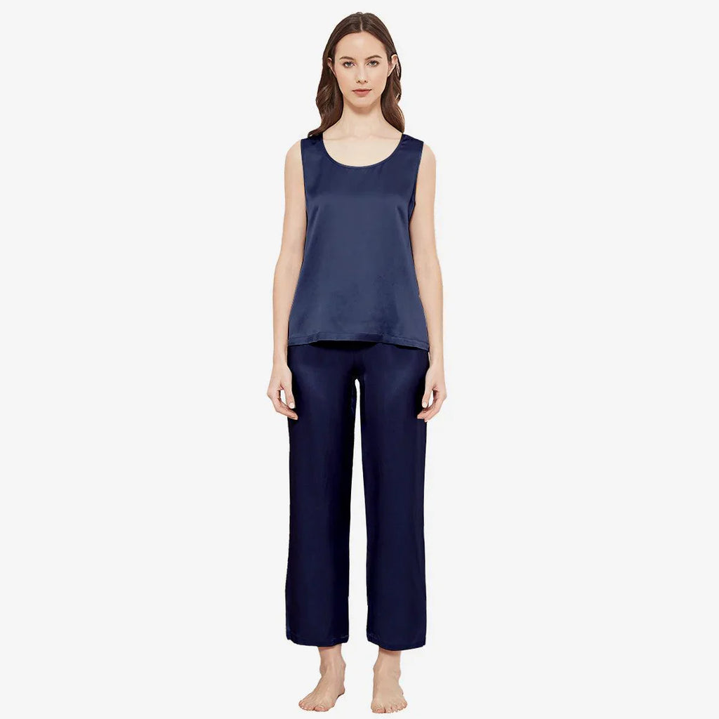 SILK TOP & PAJAMA SET - NAVYBLUE