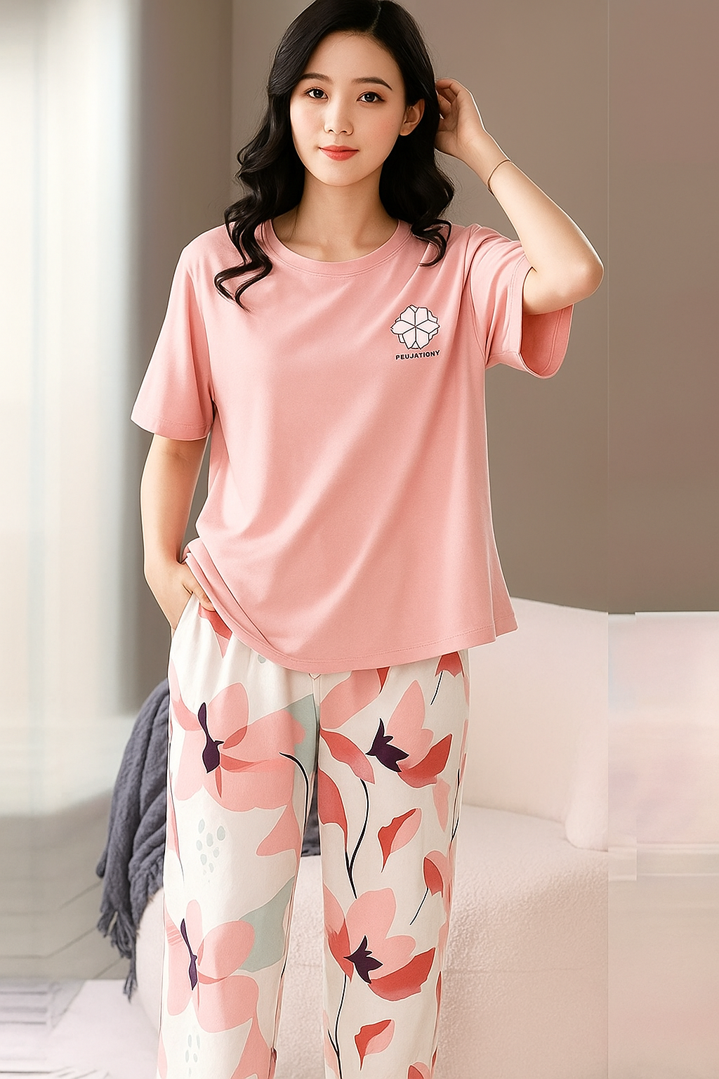 PINK WHITE FLOWER NIGHT SUIT- P12