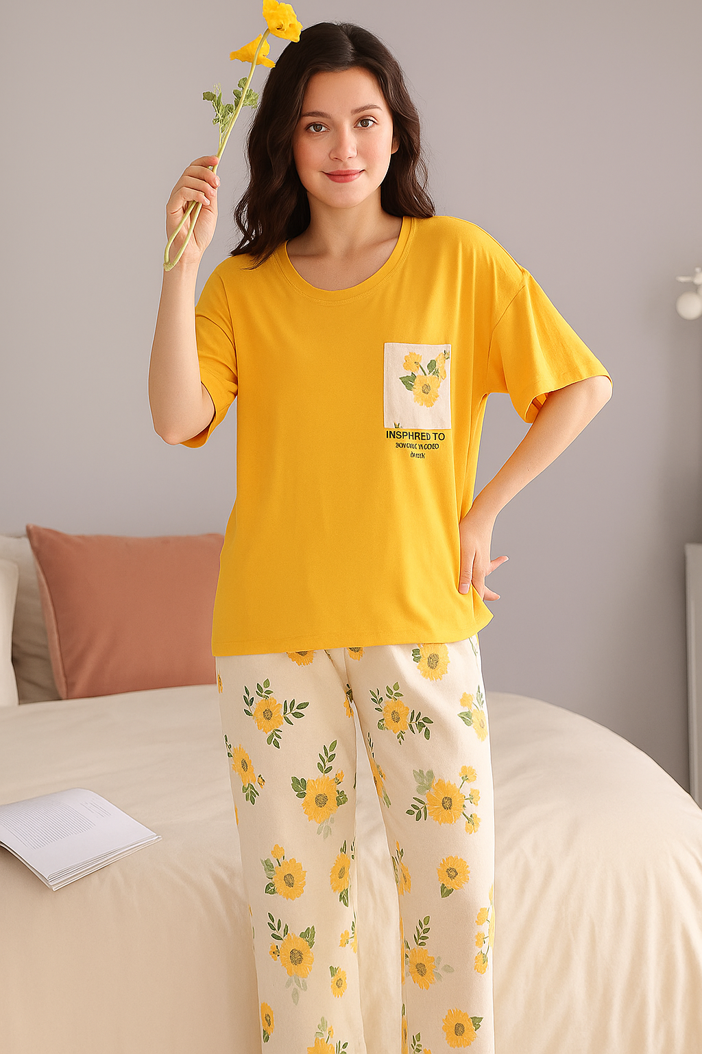 POCKET PRINTED NIGHT SUIT - MUSTARD