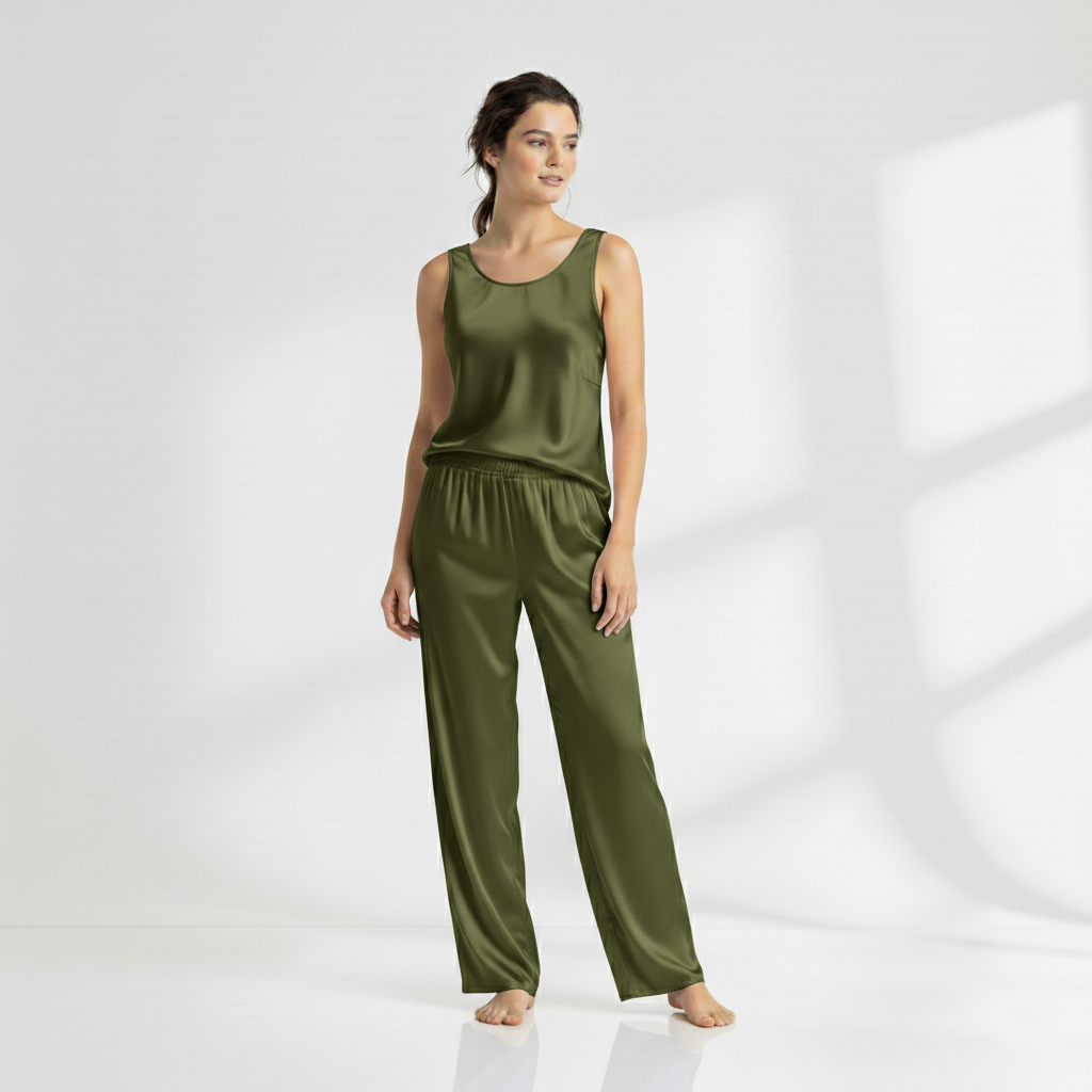 SILK TOP & PAJAMA SET - OLIVE