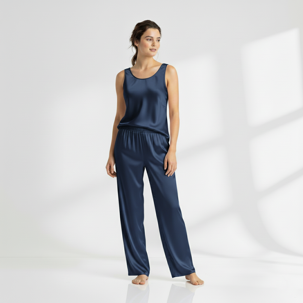 SILK TOP & PAJAMA SET - NAVYBLUE