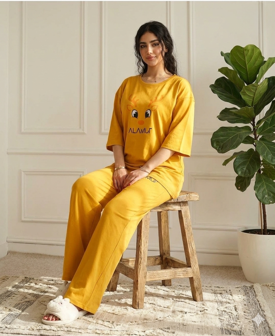 HAPPY FACE PRINTED NIGHT SUIT-YELLOW